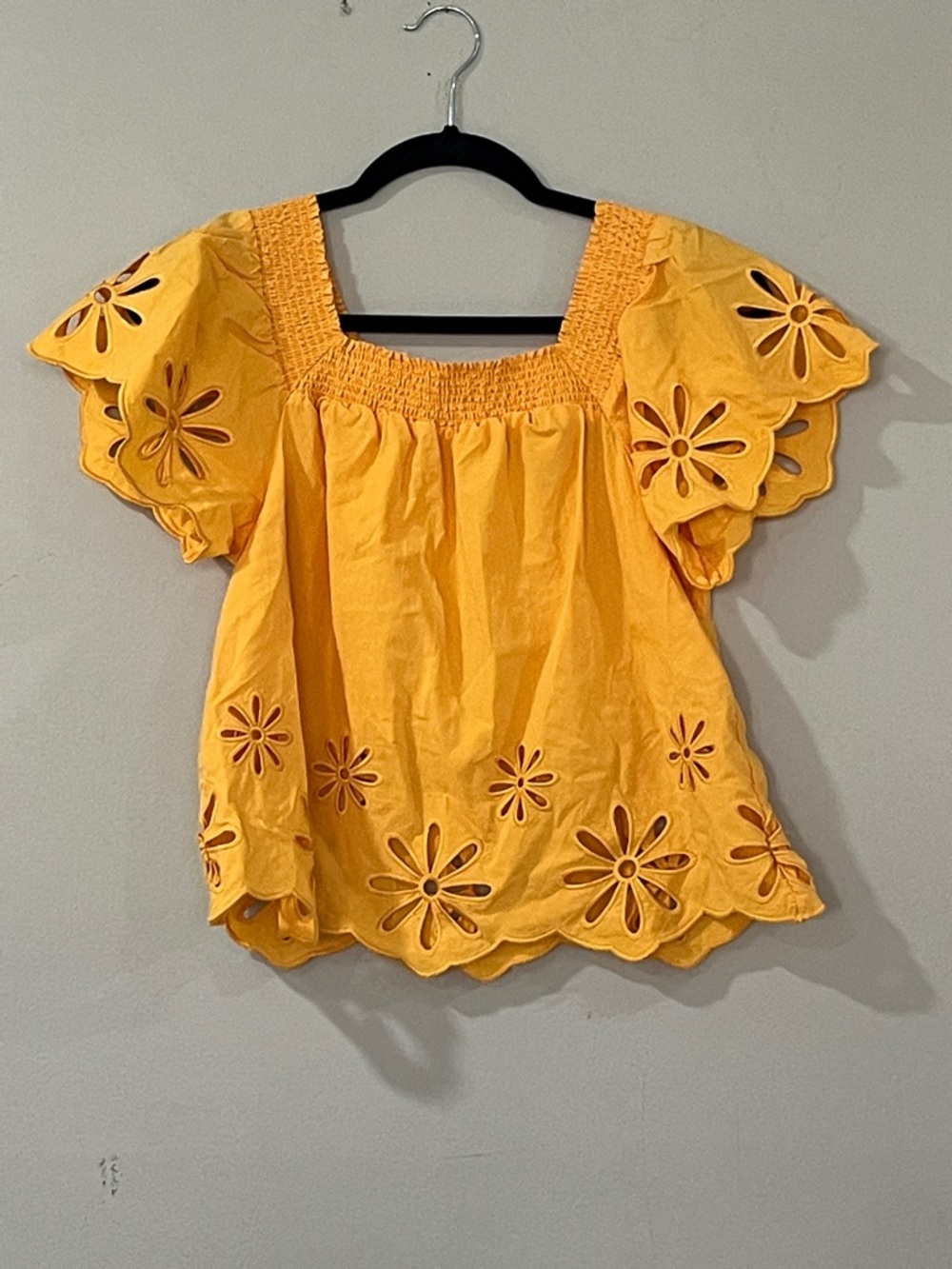 Rails Yellow Eyelet Smocked Square-Neck Flutter Blouse